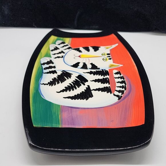 Naylor Designs Ceramic Cat Hanging Plate Black Background Colorful 2005 VTG - Picture 6 of 13
